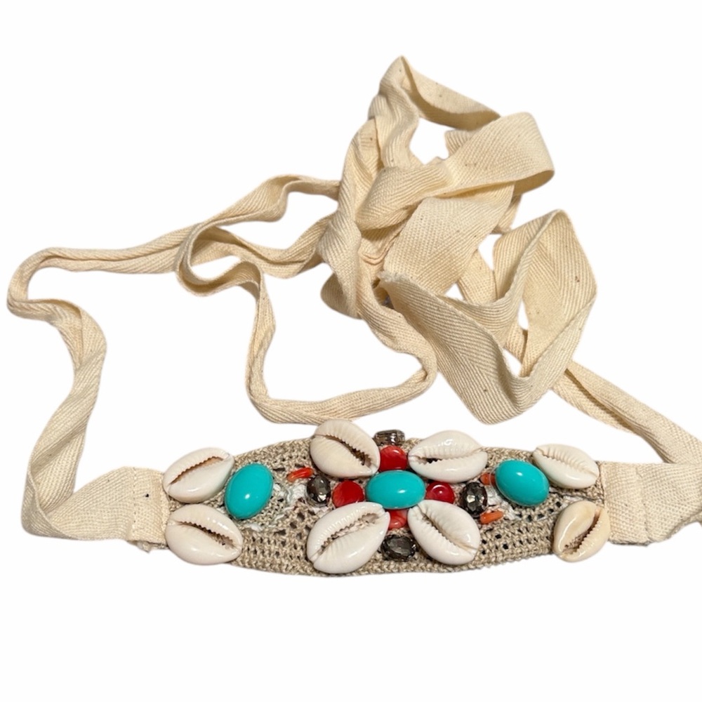 Nanette Lepore Cream and Turquoise Beaded seashells crochet ribbon belt one size